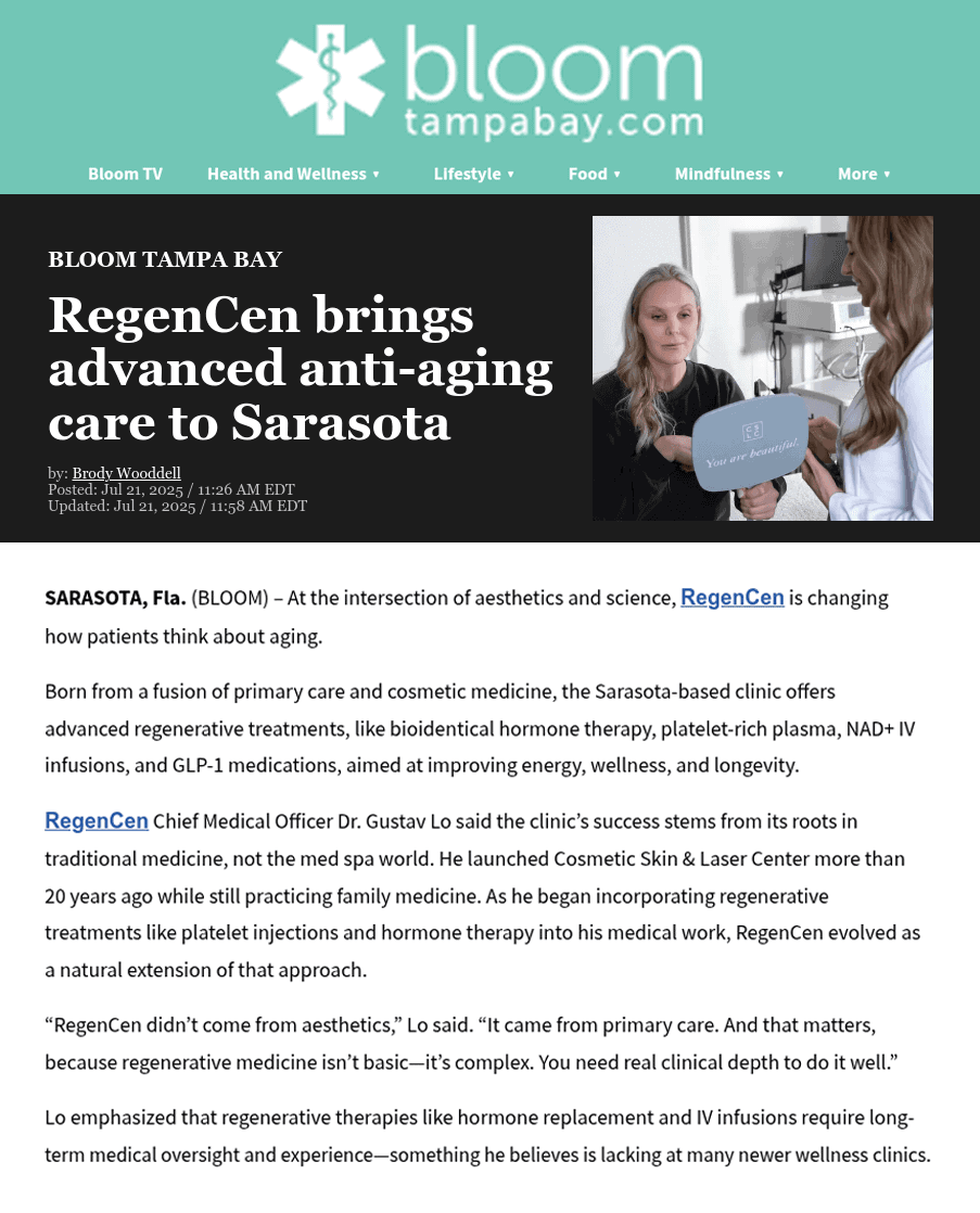 Bloom Tampa Bay RegenCen brings advanced anti-aging care to Sarasota Bloom Tampa Bay RegenCen brings advanced anti-aging care to Sarasota