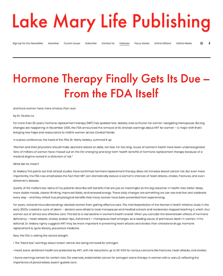 Hormone Therapy Finally Gets Its Due – From the FDA Itself. By Dr. Gustav Lo. Lake Mary Life Publishing