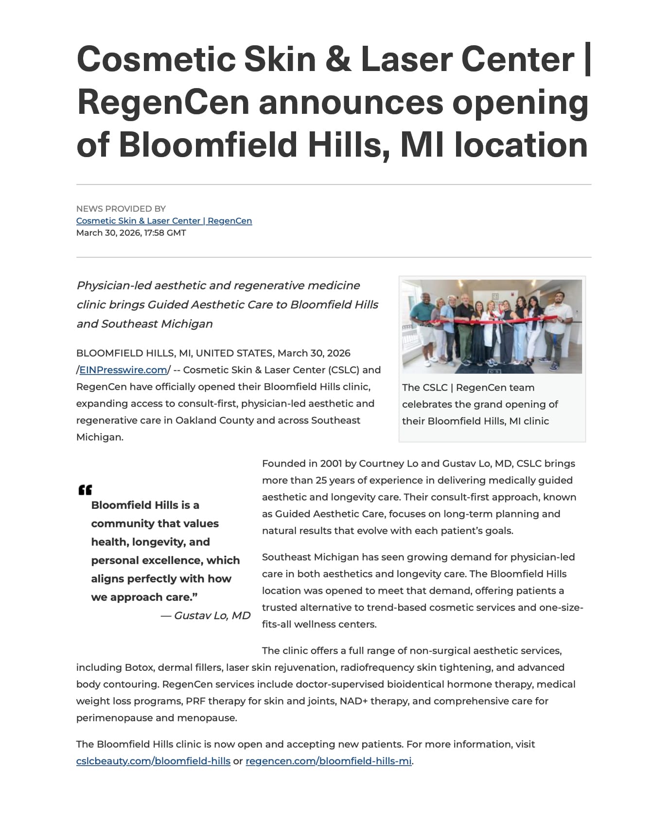 Bloomfield Hills press release