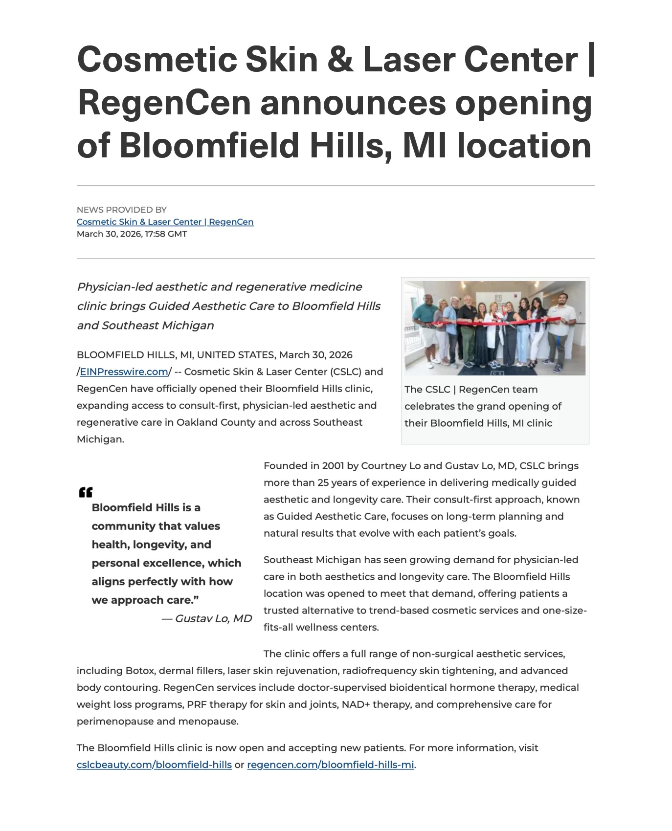 Bloomfield Hills press release