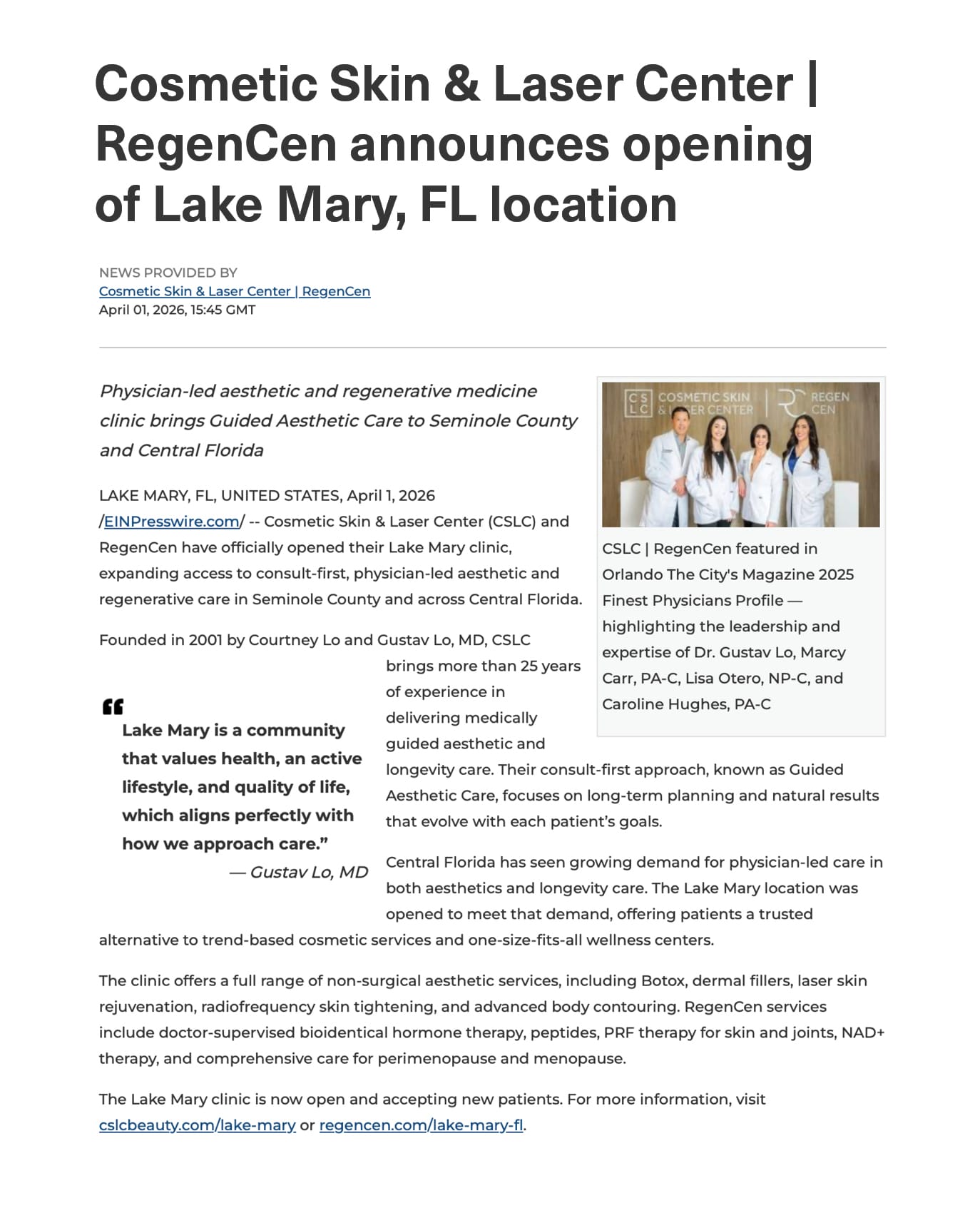 Lake Mary press release