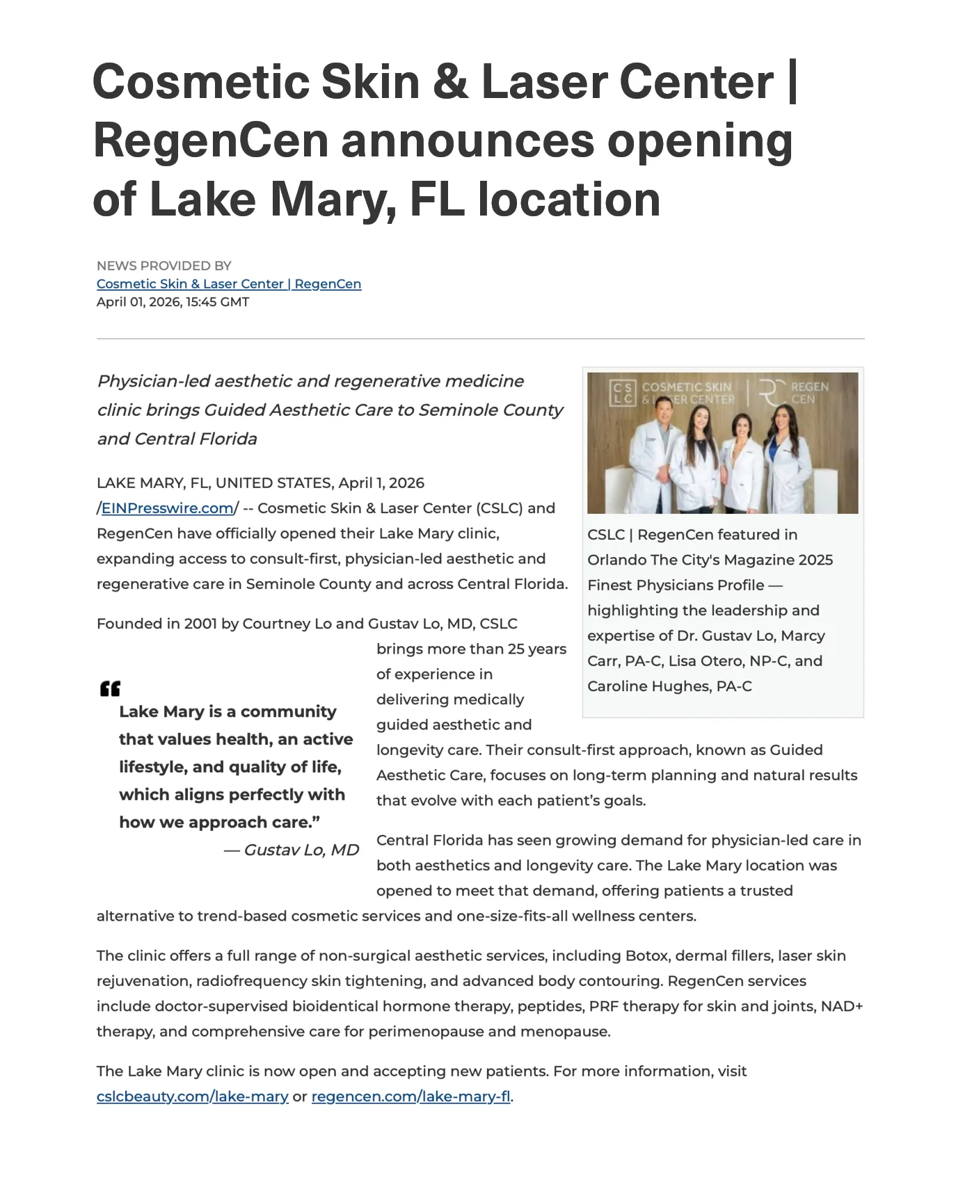 Lake Mary press release