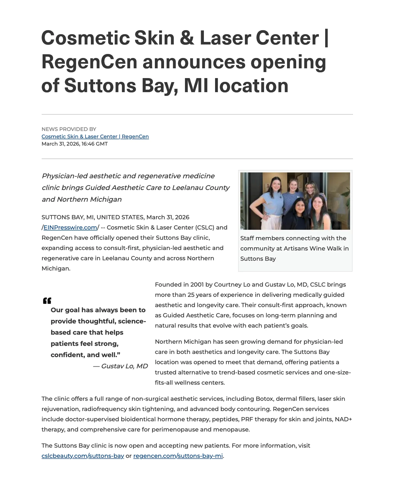 Suttons Bay press release