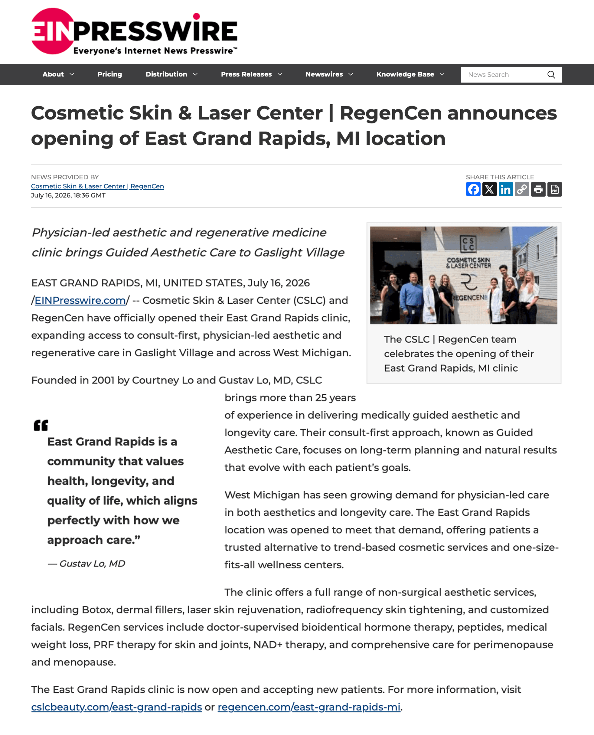 Grand opening of newest CSLC clinic in East Grand Rapids, MI press release
