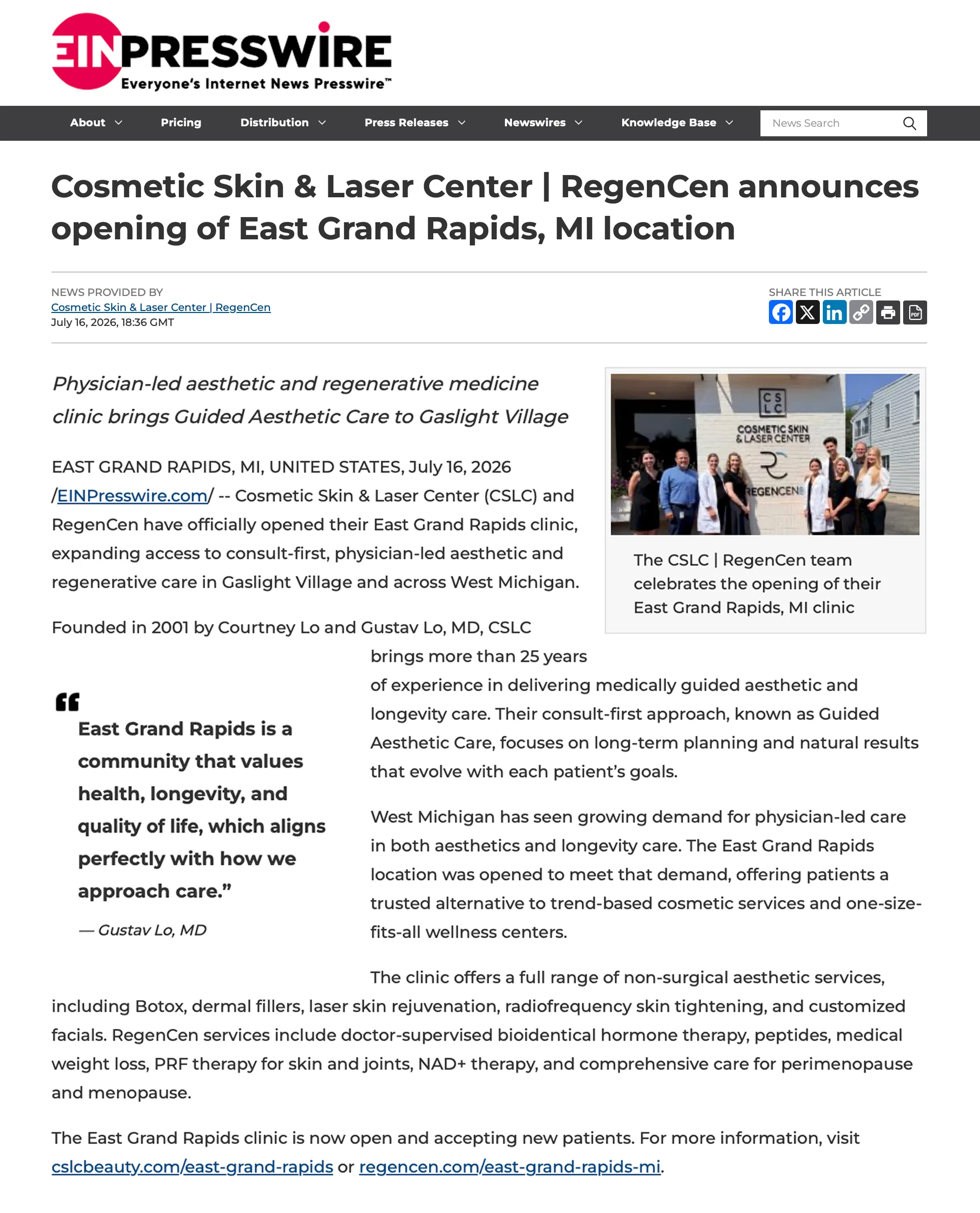 Grand opening of newest CSLC clinic in East Grand Rapids, MI press release